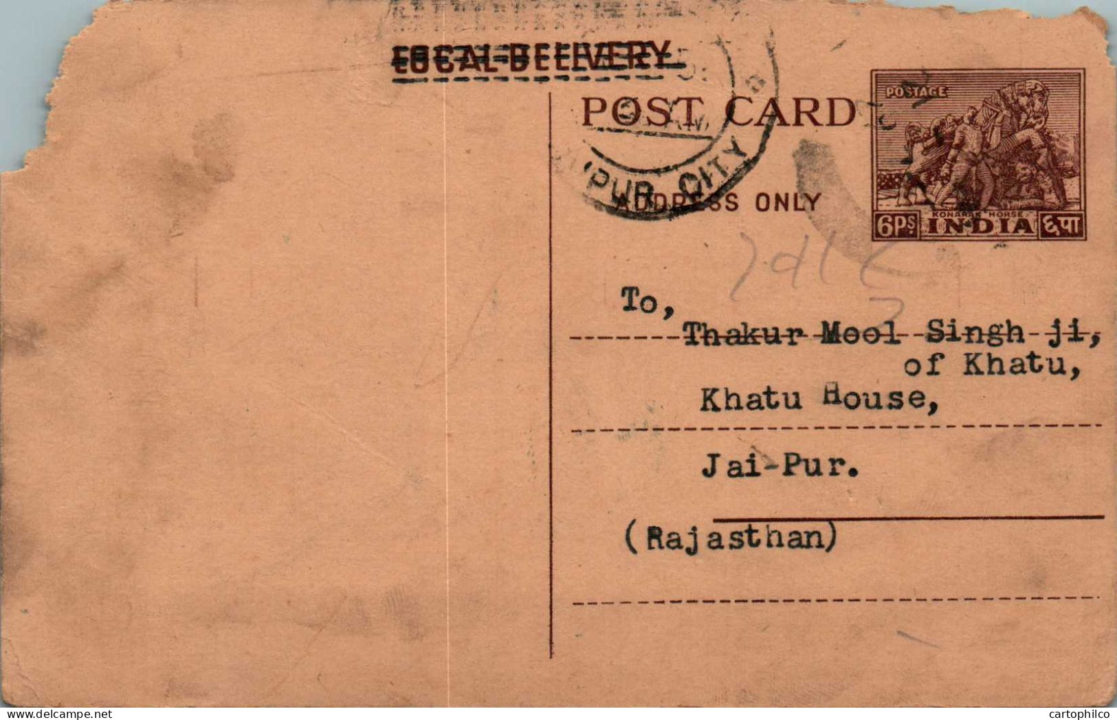 India Postal Stationery Horse 6p To Jaipur - Cartes Postales