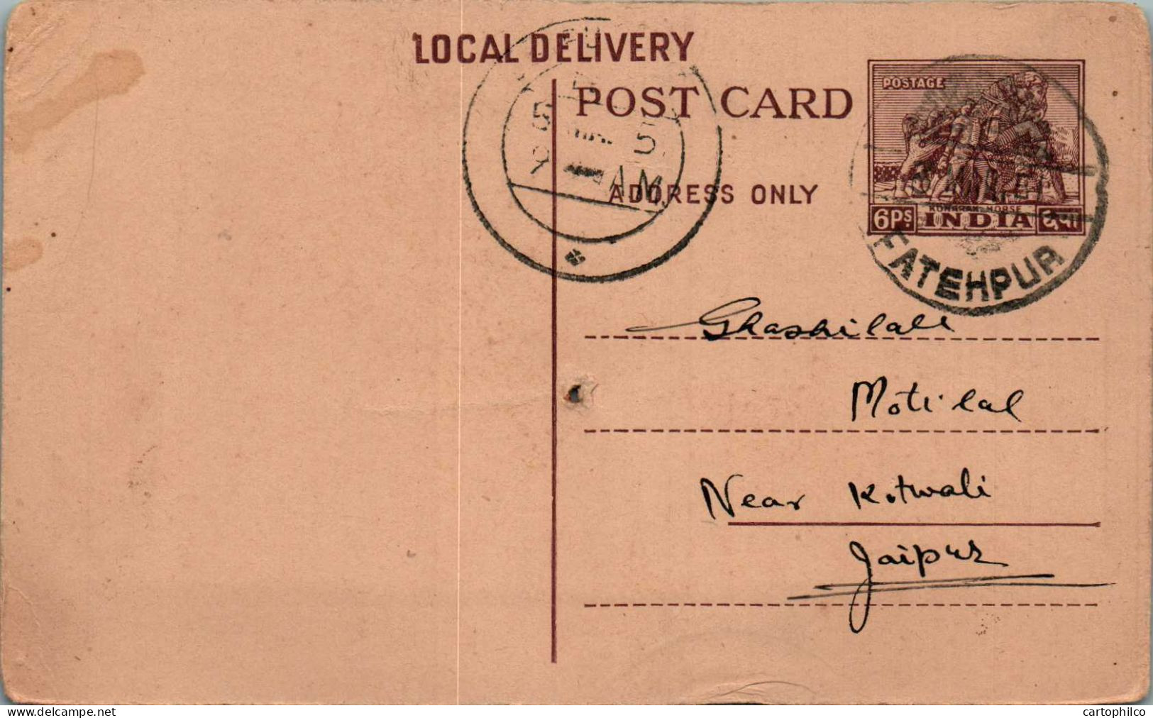 India Postal Stationery Horse 6p To Jaipur Fatehpur Cds - Postcards