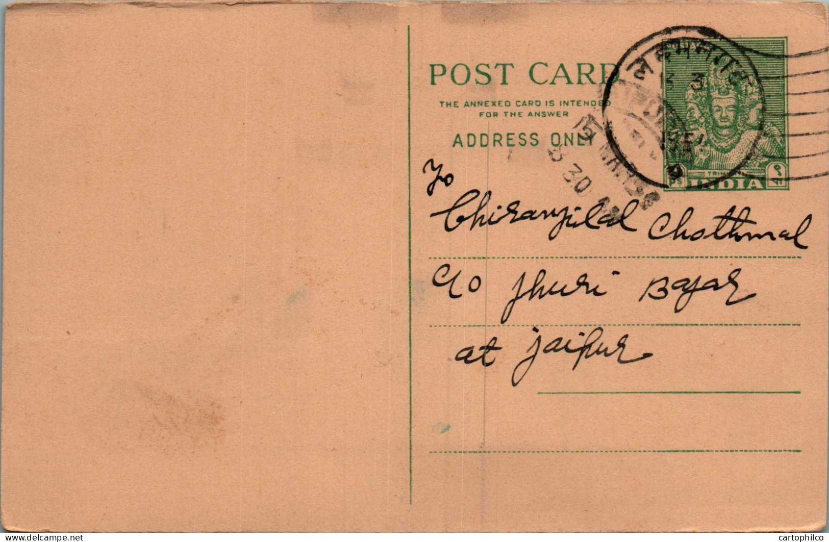 India Postal Stationery Goddess 9p To Jaipur - Cartes Postales