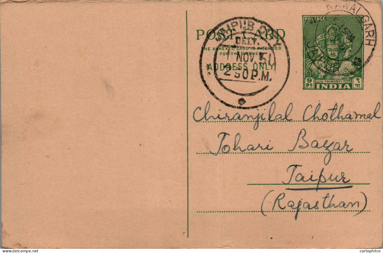 India Postal Stationery Goddess 9p To Jaipur - Cartes Postales