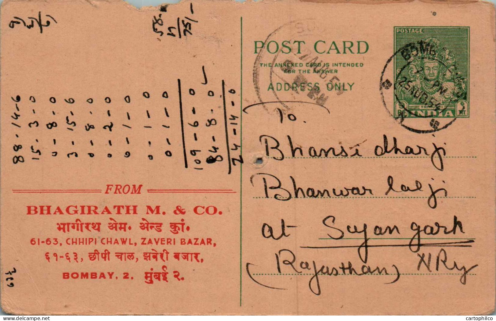 India Postal Stationery Goddess 9p Bhagirath To Sujangarh - Cartes Postales