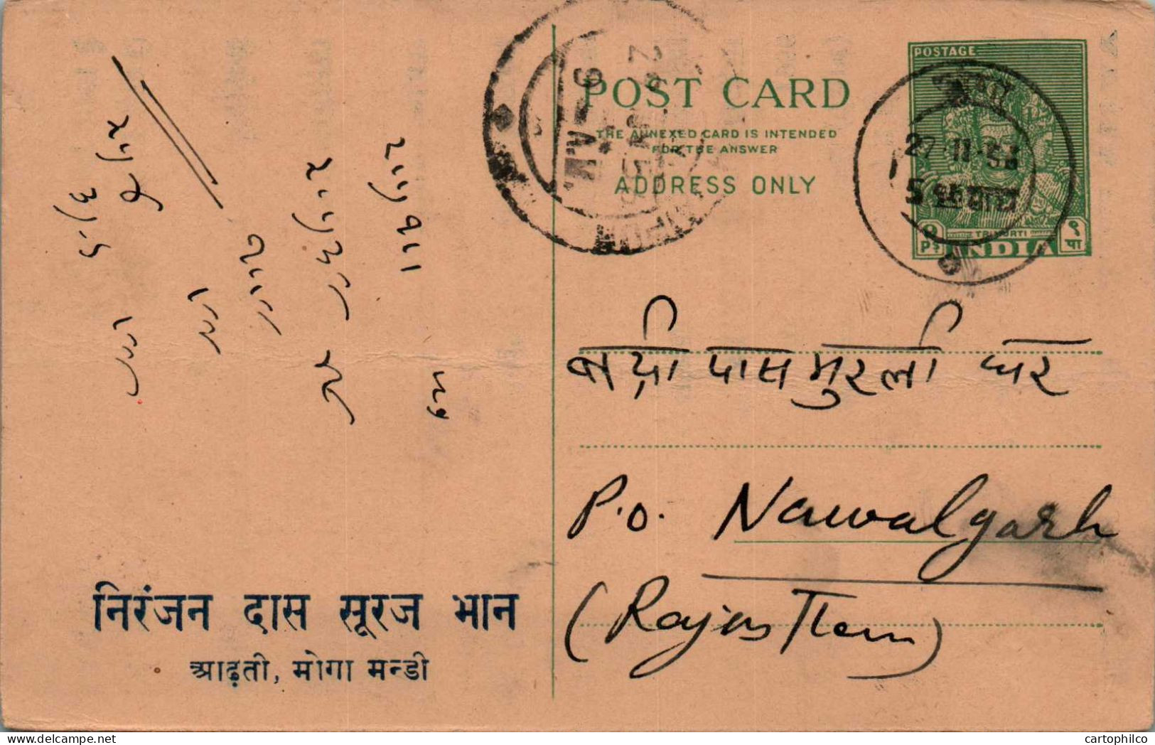 India Postal Stationery Goddess 9p To Nawalgarh Niranjan Das Suraj Bhan  - Cartes Postales