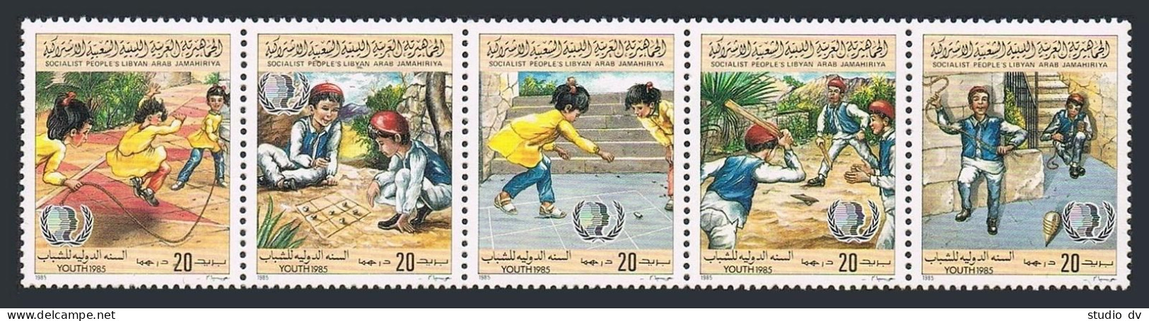 Libya 1260 Ae Strip,MNH.Michel 1520-1524. Youth Year IYY-1985.Children's Games. - Libye