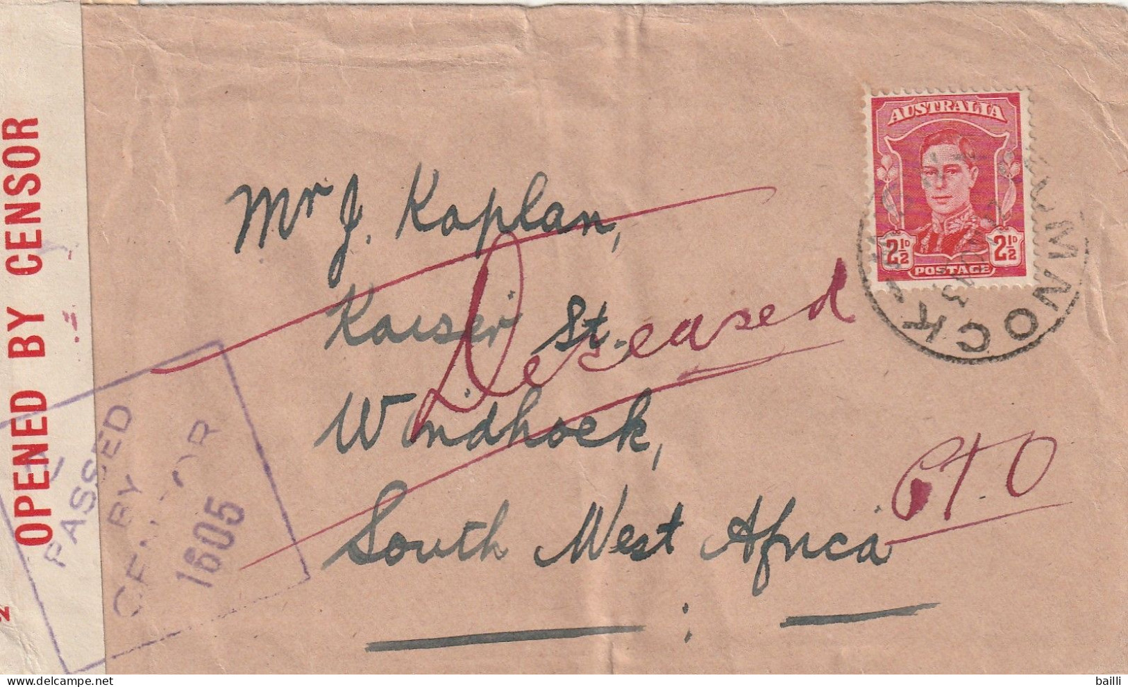 Australie Lettre Censurée Pour L'Afrique Du Sud Ouest 1943 - Lettres & Documents