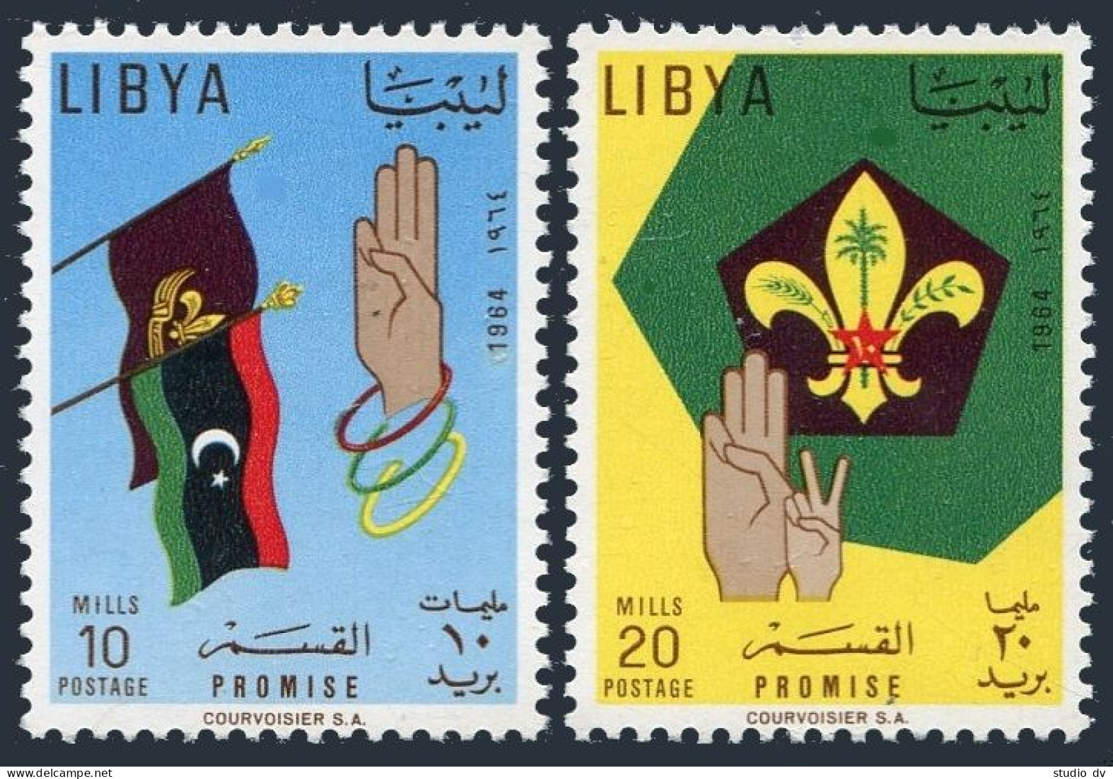 Libya 252-253,253a,MNH.Michel 154-155,Bl.7. Boy Scout Headquarters,1964.Flags. - Libyen