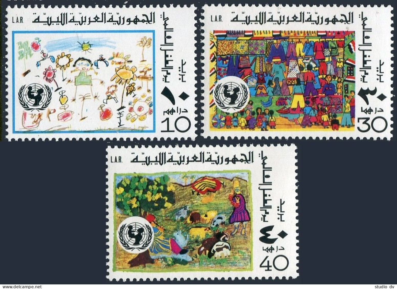 Libya 655-657,MNH.Michel 568-570. Children Day 1977.Drawings.UNICEF.Flowers,Farm - Libye