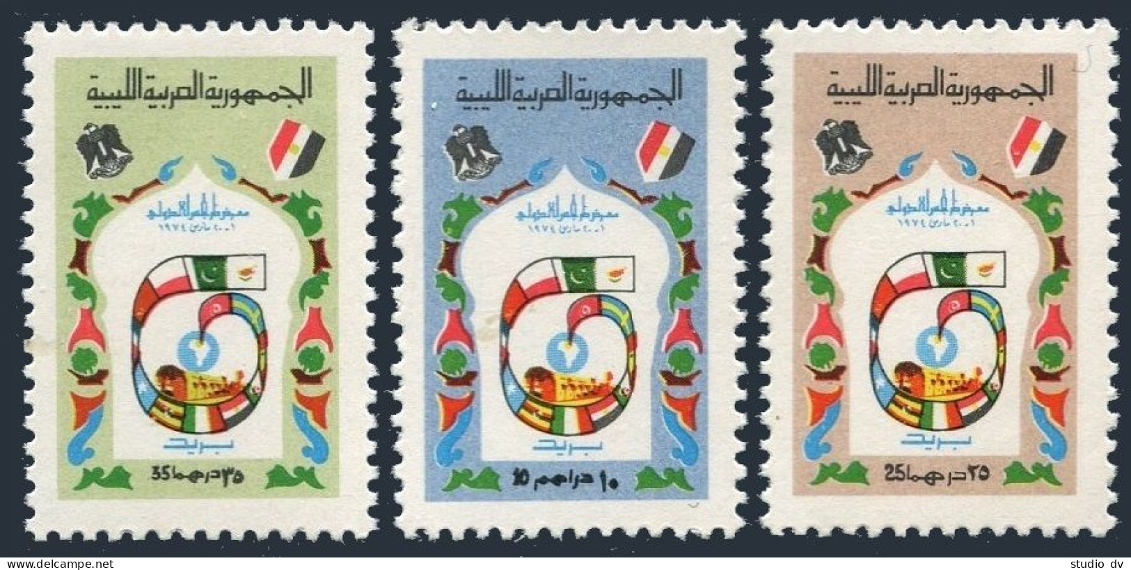 Libya 534-536, MNH. Michel 450-452. Tripoli Fair, 1974. Emblem, Flags. - Libyen