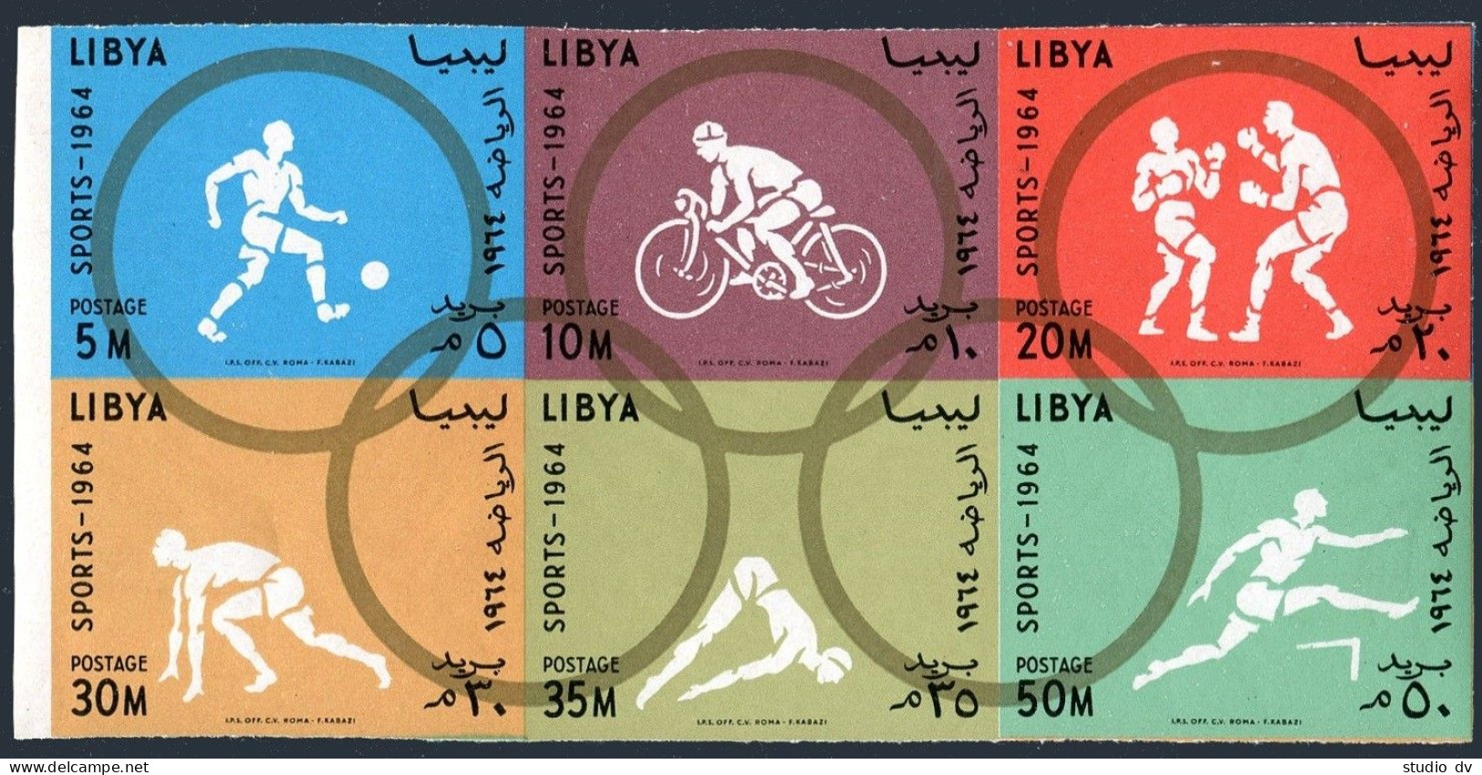 Libya 258-263a Perf & Imperf, MNH. Olympics Tokyo-1964. Soccer,Bicycling,Boxing, - Libye