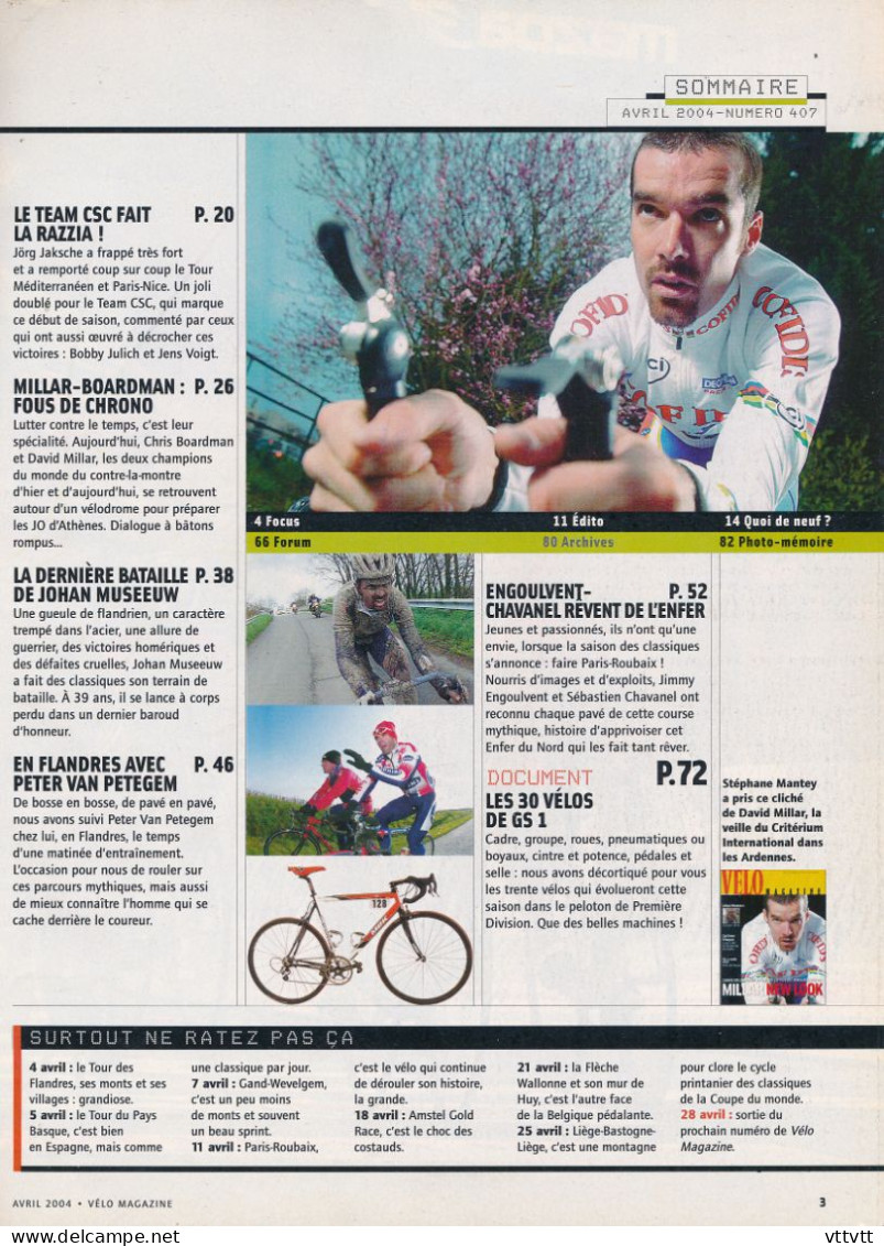 VELO MAGAZINE Avril 2004, N° 407, Johan Museeuw, Van Petegem, David Millar, Engoulvent, Chavanel, Boardman, Vélos Du GS1 - Sport