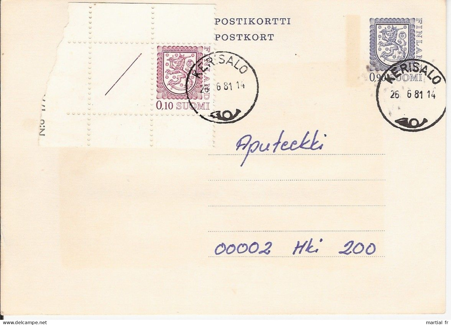 FINLANDE FINLAND ENTIER POSTAL GANZSACHEN POSTAL STATIONERY ENTIERS POSTAUX 0.10 BORD DE FEUILLE AVEC MARQUAGE LION LEO - Postal Stationery