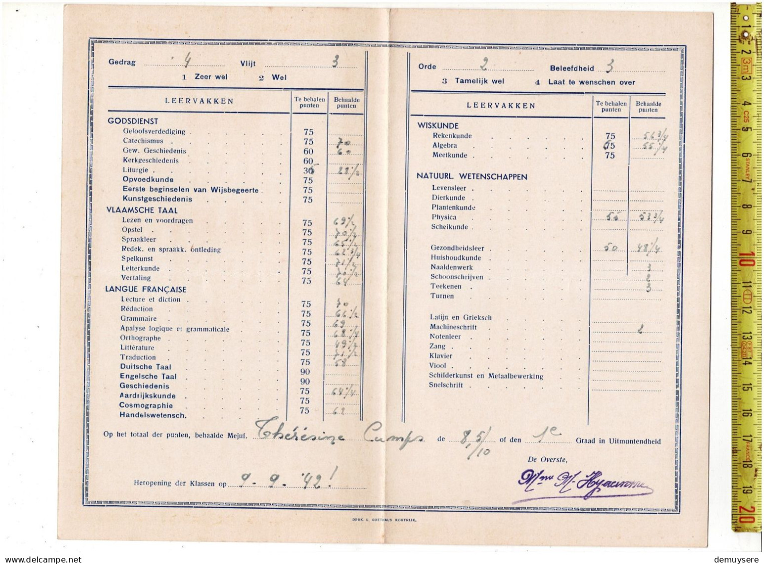 SOLDE 3286 - GESTICHT DER DAMES VAN ST NIKLAAS KORTRIJK - BULLETIN 1941 - 1942 - Diplômes & Bulletins Scolaires