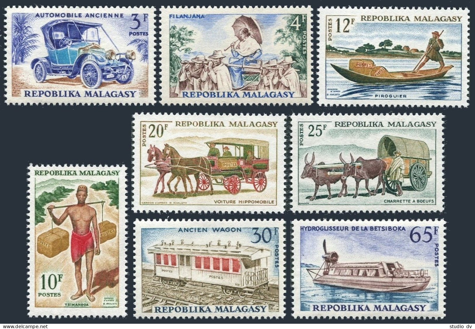 Malagasy 371-378,MNH/MLH. Mi 540-543,550-553. Post:Coach,Car,Hydrofoil,1965-1966 - Madagascar (1960-...)