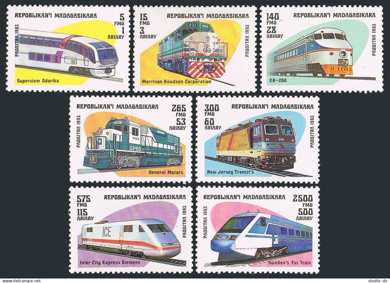 Malagasy 1200-1206,1207,MNH.Mi 1562-1568, Bl.238. Locomotives 1993. TGV Alsthom. - Madagascar (1960-...)