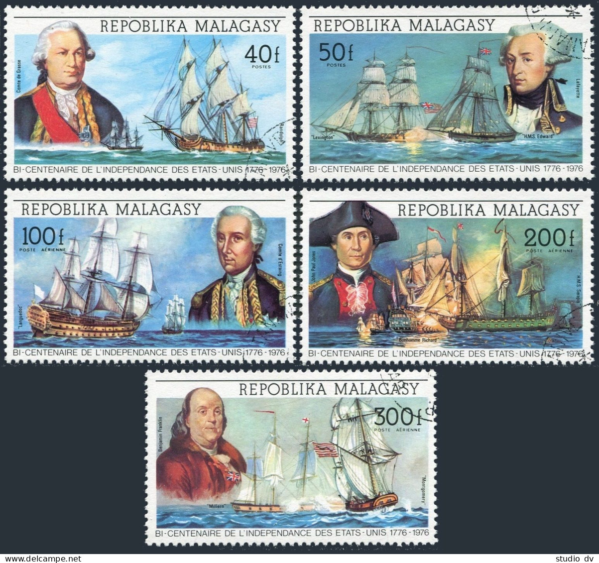 Malagasy 525-526,C137-C140,CTO. Mi 742-746,Bl.7. America-200,1976.Leaders,Ships. - Madagascar (1960-...)