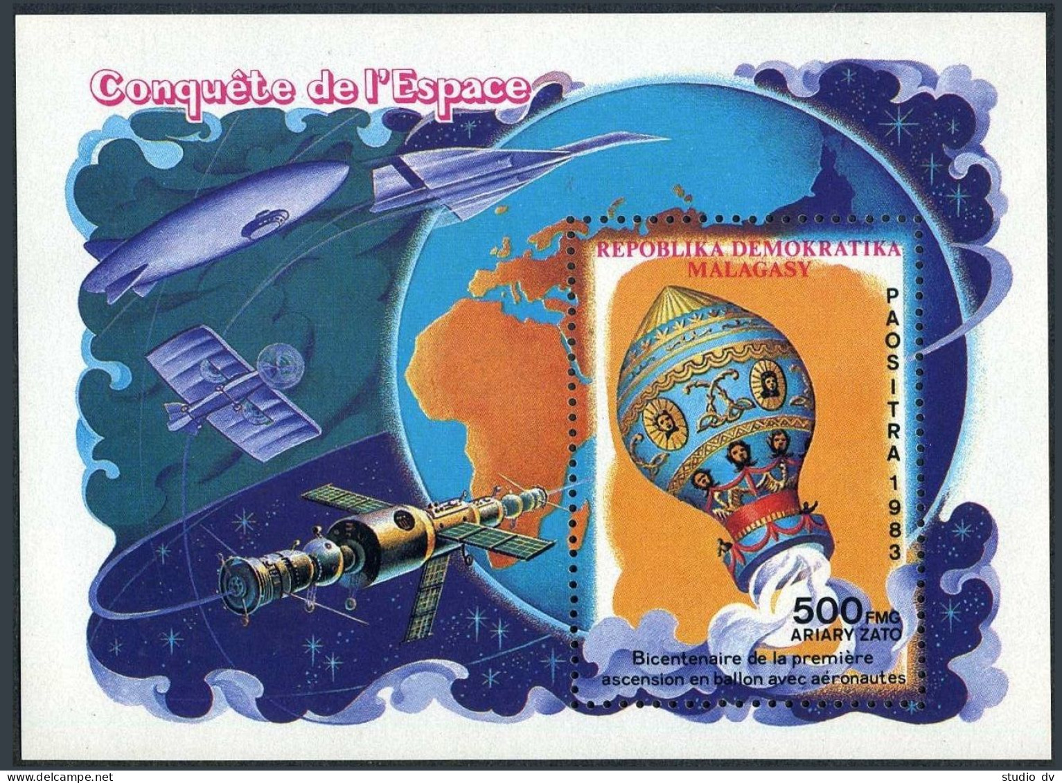 Malagasy 664,MNH.Mi Bl.20. Manned Flight,bicentennial,1983.Montgolfier Balloon. - Madagaskar (1960-...)