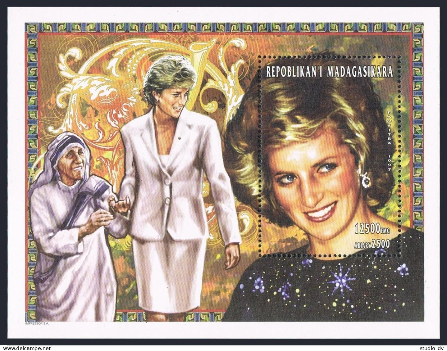 Malagasy 1355 Sheet,MNH. Diana,Princess Of Wales,1998.With Mother Teresa. - Madagascar (1960-...)