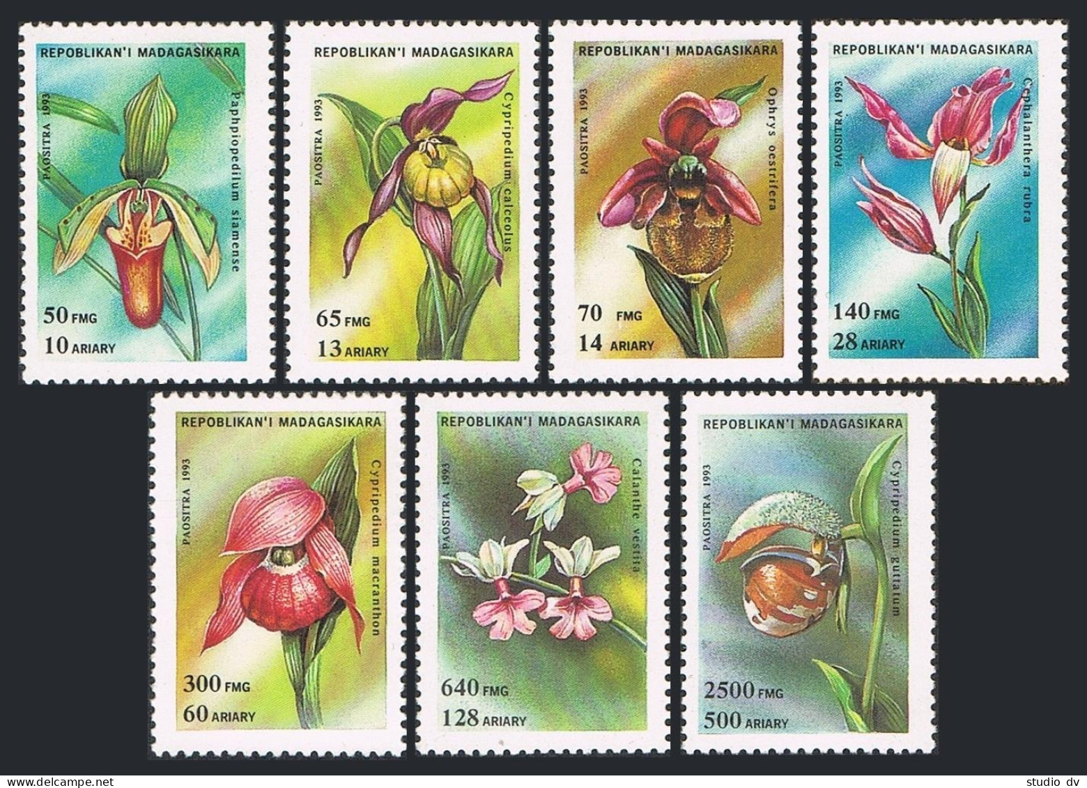 Malagasy 1272-1278,1279,MNH.Michel 1570-1576,Bl.239. Orchids,1993. - Madagascar (1960-...)