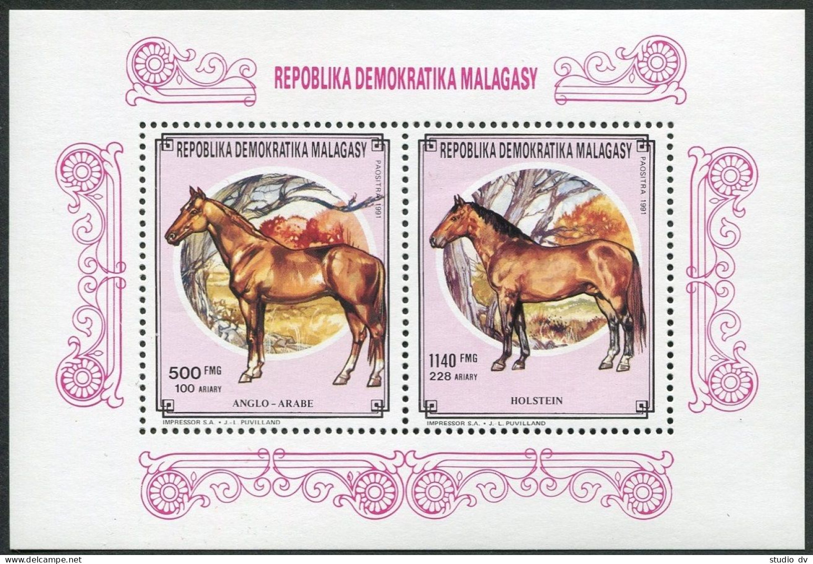 Malagasy 1026-1027a Deluxe Sheet,MNH.Michel Bl.171. Horses 1991. - Madagascar (1960-...)