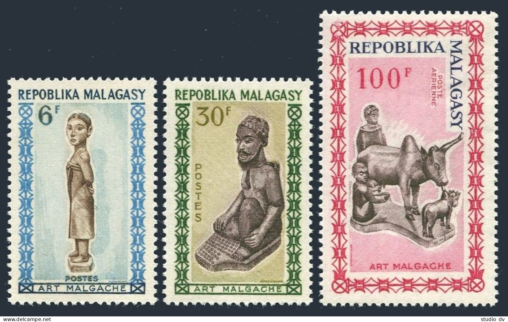 Malagasy 358-359, C79, MNH. Michel 523-525. Carved Statues, Zebu Sculpture, 1964 - Madagaskar (1960-...)