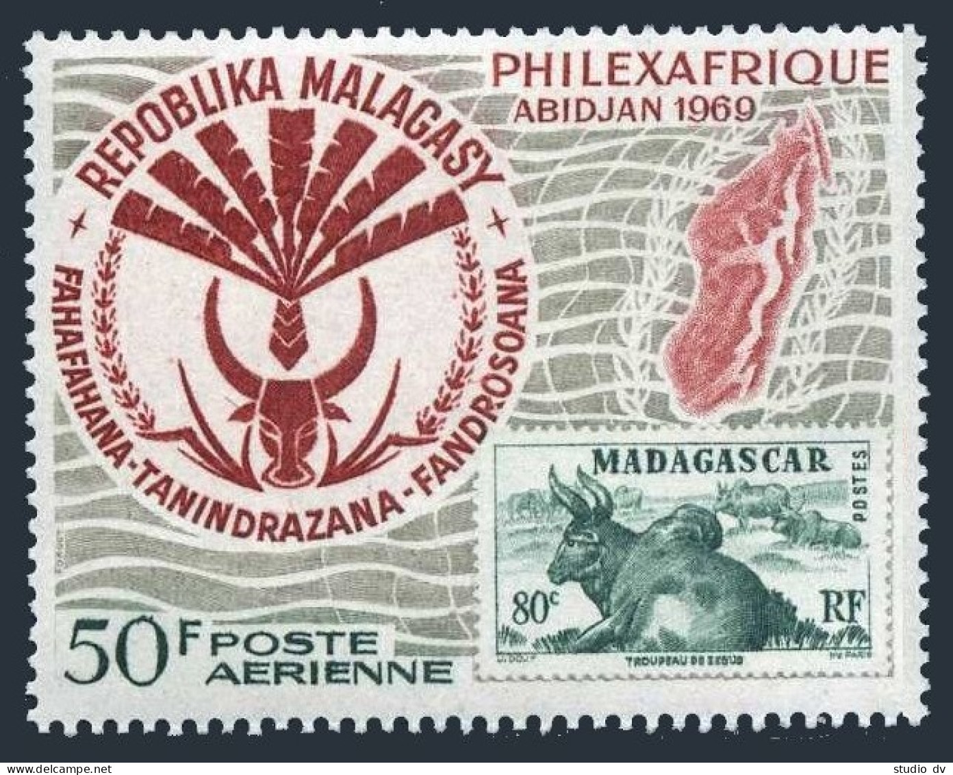 Malagasy C92, MNH. Mi 597. PHILEXAFRIQUE-1969 .Herd Of Zebus. Map Of Madagascar. - Madagaskar (1960-...)