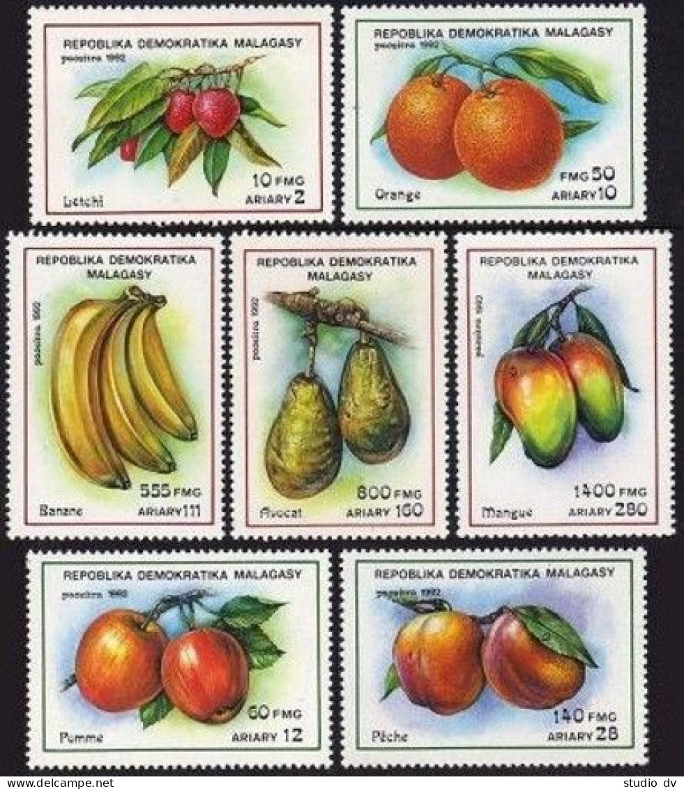 Malagasy 1064-1071,MNH.Michel 1316-1321,1322 Bl.165.Fruits 1992:Litchis,Oranges, - Madagascar (1960-...)
