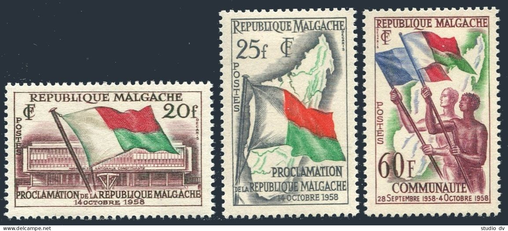 Malagasy 303-305, Hinged. Michel 442-444. Flags, Map; French Community. 1959. - Madagascar (1960-...)
