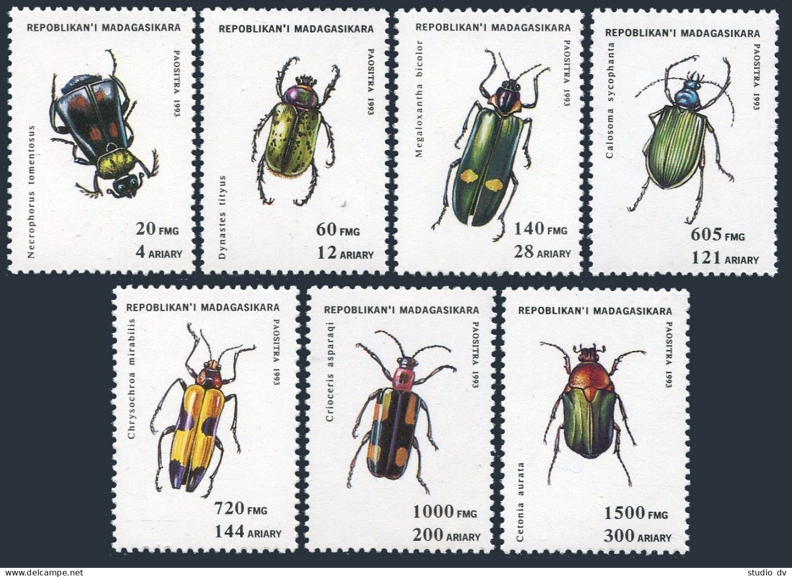 Malagasy 1216-1222, 1223, MNH. Michel 1656-1661, Bl.254. Insects 1994. Beetles. - Madagascar (1960-...)