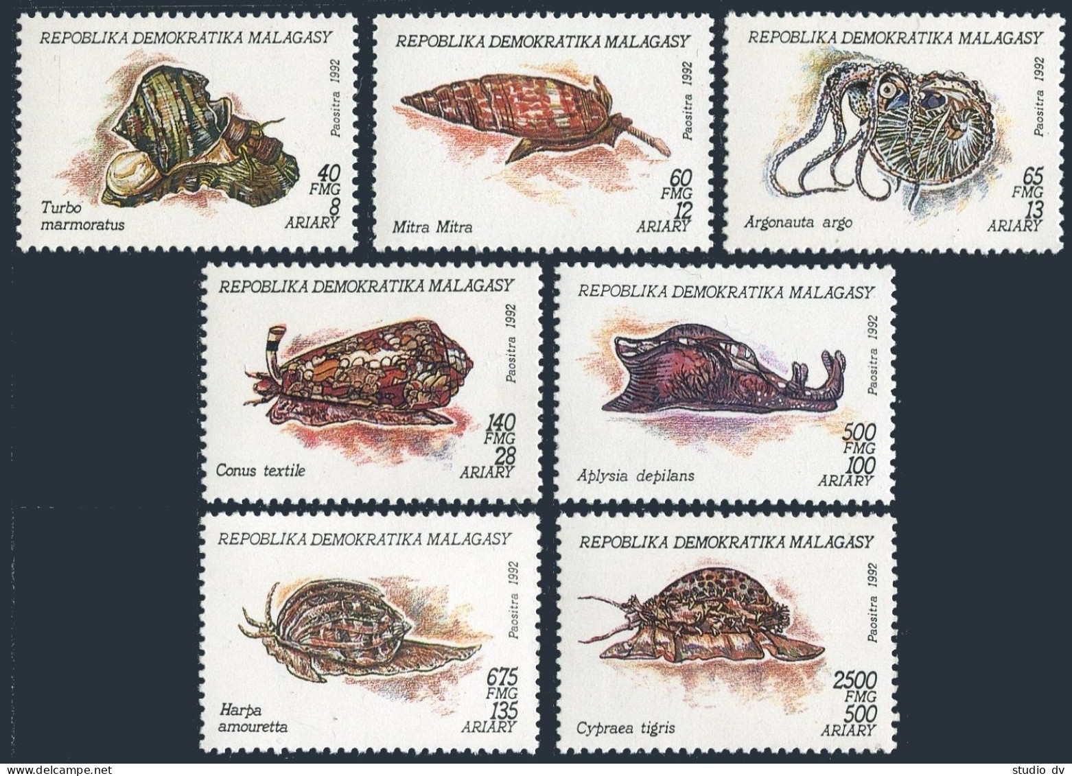 Malagasy 1122-1128,1129,MNH. Michel 1416-1422, Bl.208. Mollusks, Shells, 1992. - Madagaskar (1960-...)