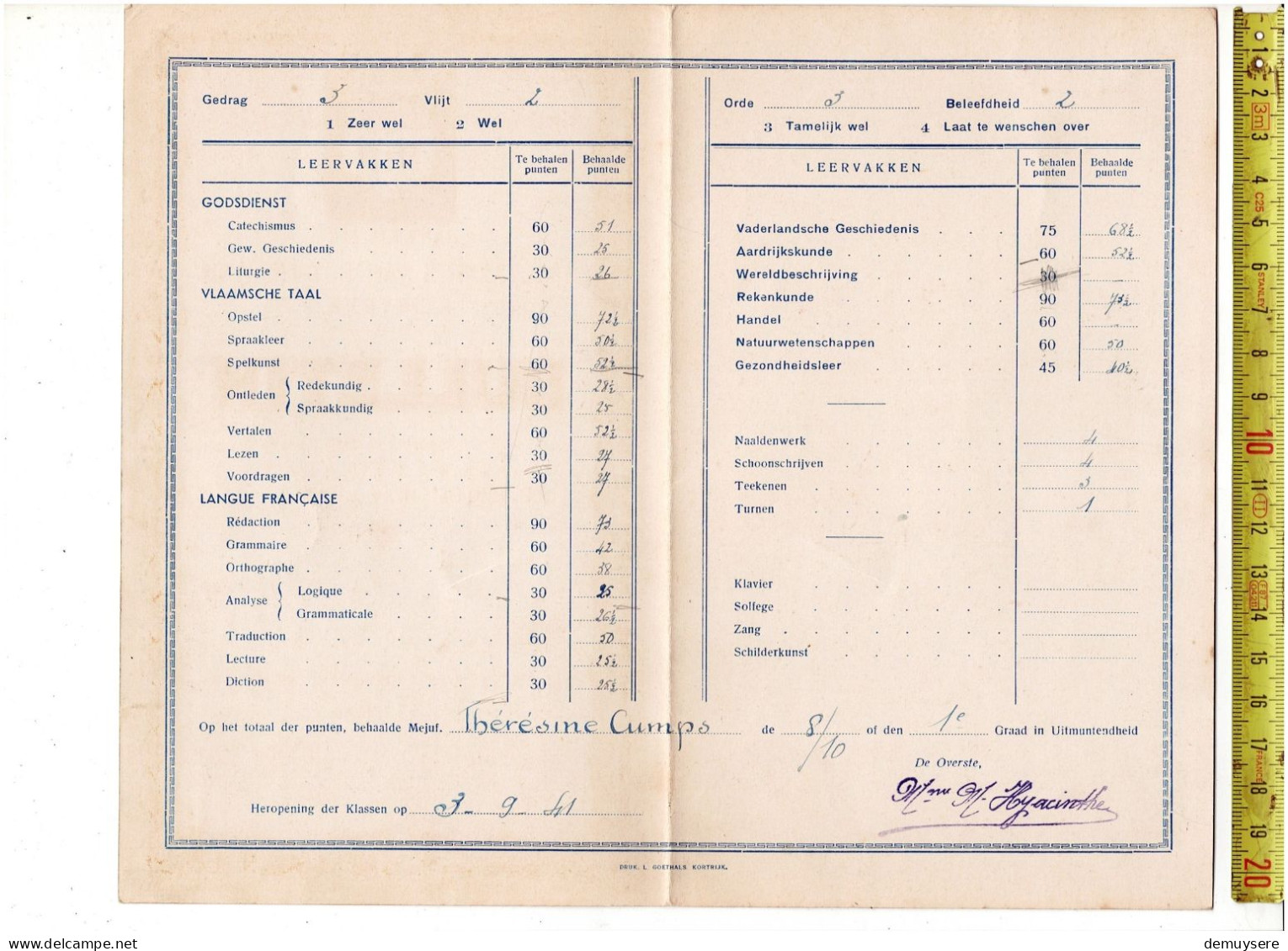 SOLDE 3287 - GESTICHT DER DAMES VAN ST NIKLAAS KORTRIJK - BULLETIN 1940 - 1941 - Diplômes & Bulletins Scolaires