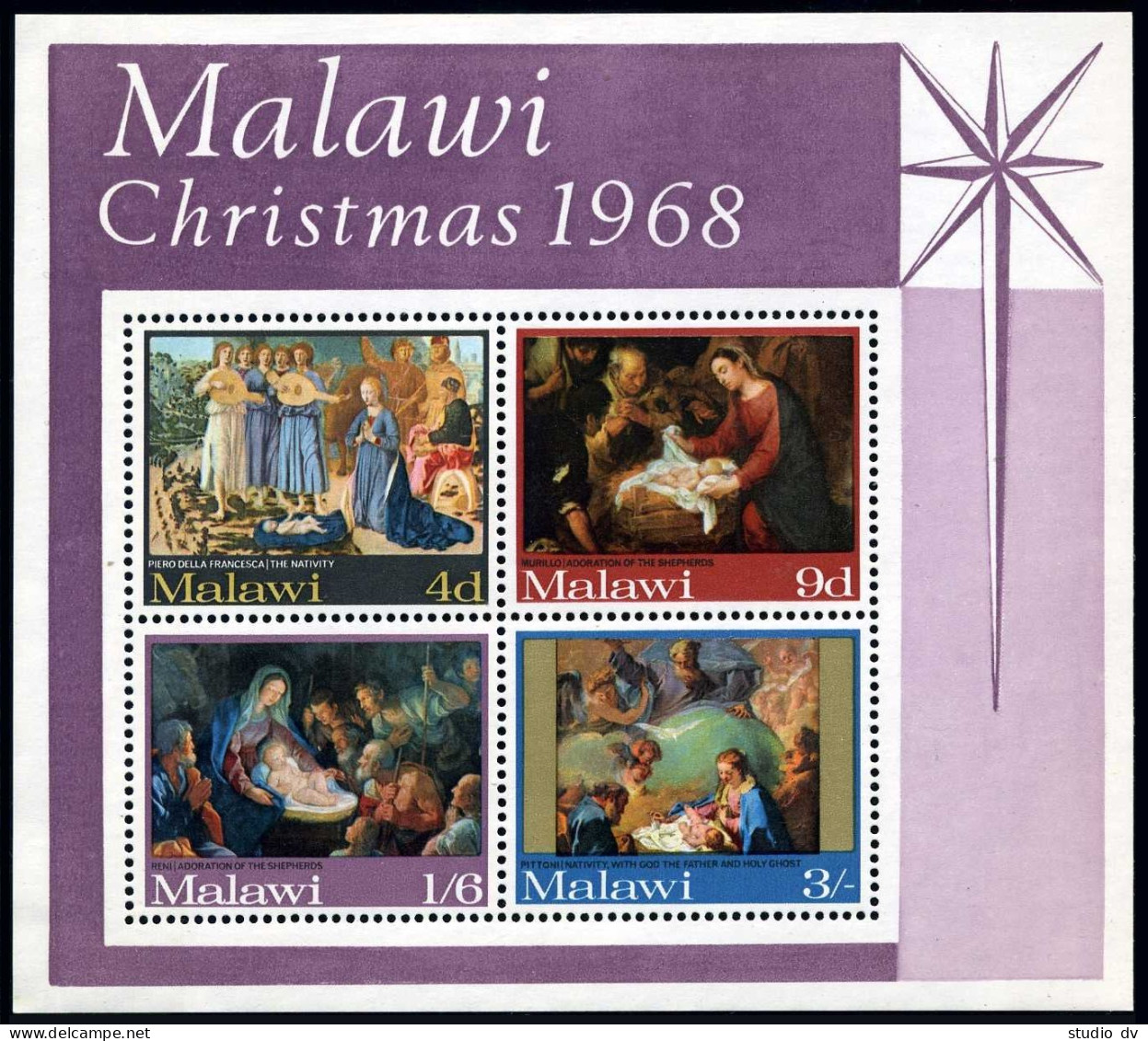 Malawi 94a Sheet, MNH. Mi Bl.12. Christmas 1968. Paintings. Murillo,Pittani,Reni - Malawi (1964-...)