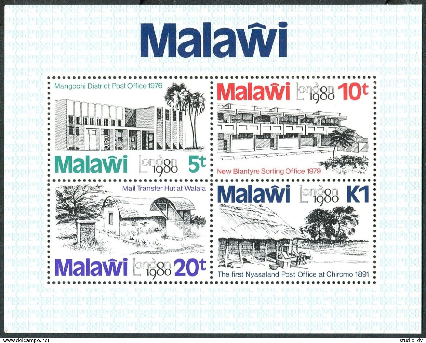 Malawi 366-369, 369a Sheet, MNH. Mi 344-347, Bl.58. LONDON-1980. Post Offices. - Malawi (1964-...)