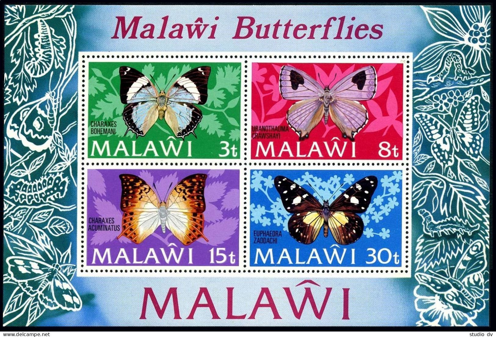 Malawi 202a Sheet,MNH.Michel Bl.30.Butterflies 1973.Charaxesbohemani,Uranothauma - Malawi (1964-...)
