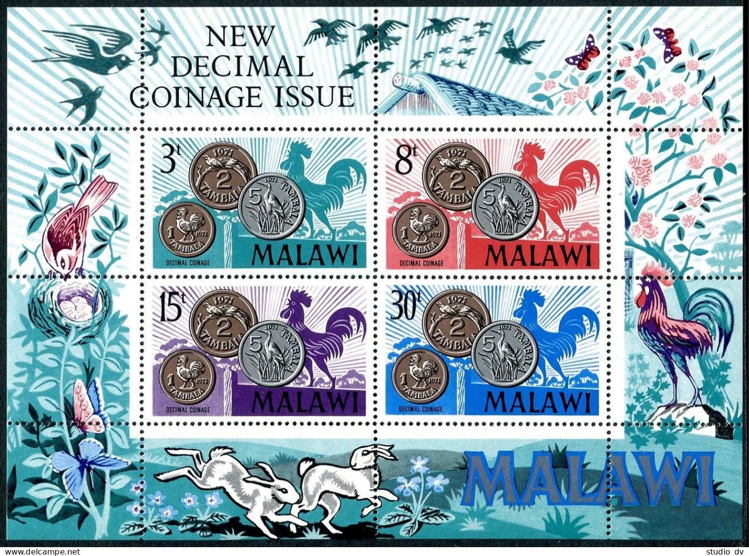 Malawi 164a Sheet,MNH.Mi Bl.21. New Decimal Coinage 1971.Rooster,Bird,Butterfly. - Malawi (1964-...)