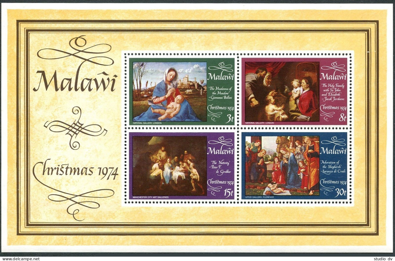 Malawi 229-232,232a, MNH. Mi 224-227,Bl.38. Christmas 1974. Bellini, Jordaens, - Malawi (1964-...)