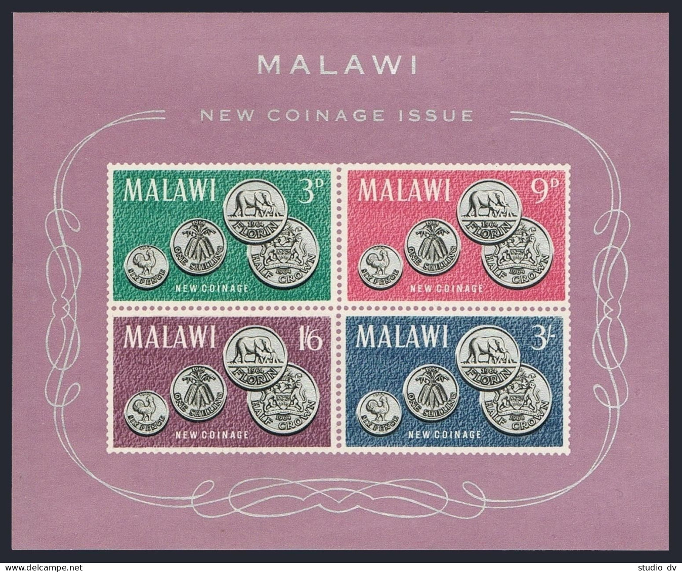 Malawi 22-25,25a Sheet,MNH.Michel 23-26,Bl.2. New Coinage,1965.Bird,Elephant, - Malawi (1964-...)