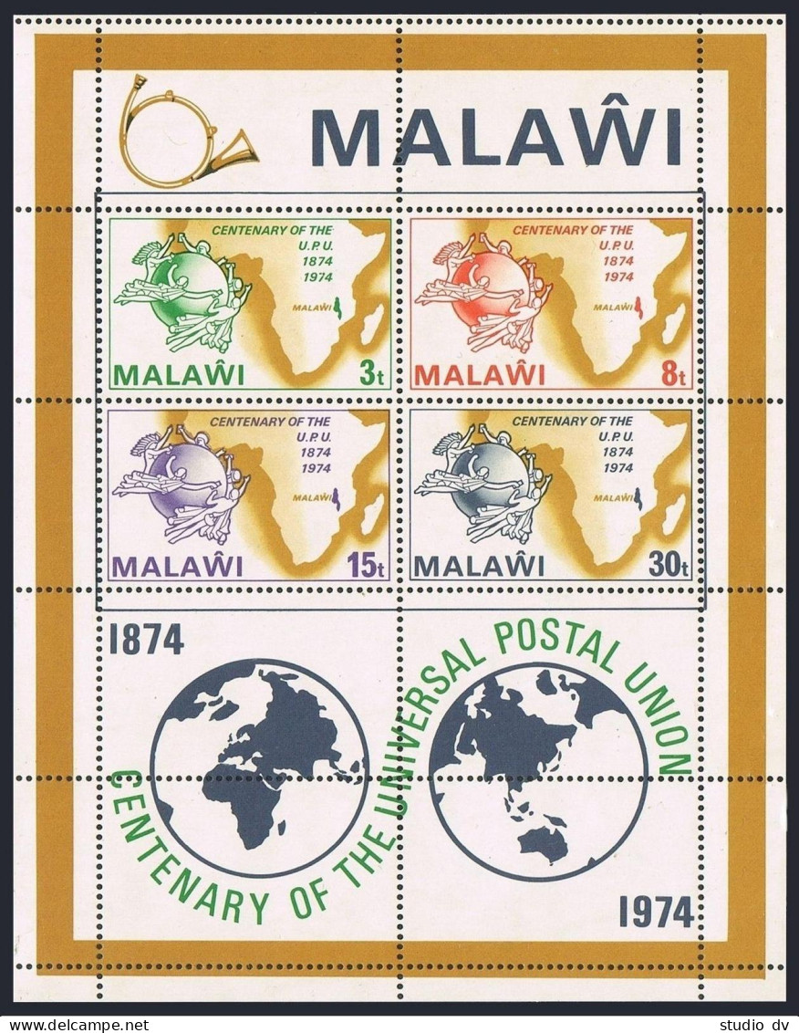 Malawi 221-224,224a Sheet,MNH.Michel 216-219,Bl.36 UPU-100,World Map. - Malawi (1964-...)