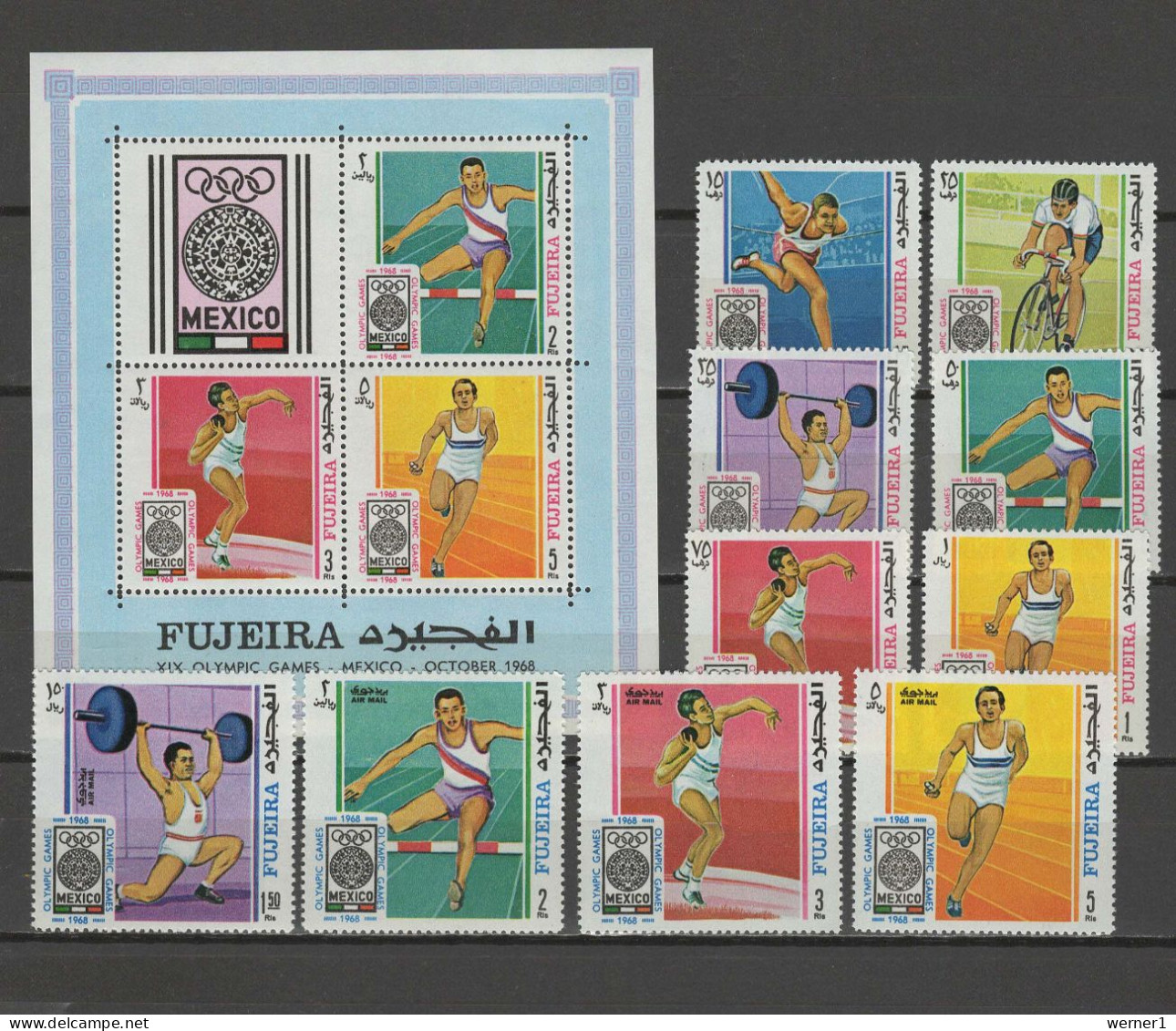 Fujeira 1968 Olympic Games Mexico, Athletics, Cycling, Weightlifting Etc. Set Of 10 + S/s MNH - Summer 1968: Mexico City