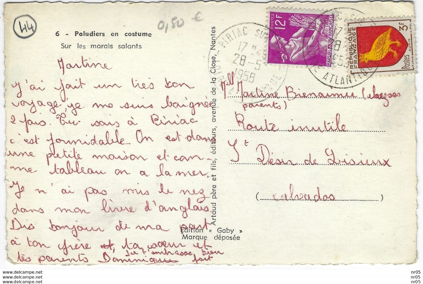 FRANCE - Cachet Postal Jumelé " PIRIAC Sur MER - LOIRE ATLANTIQUE " 1958 Timbre Blason AUNIS + Moissonneuse 12 F Marais - 1921-1960: Modern Period