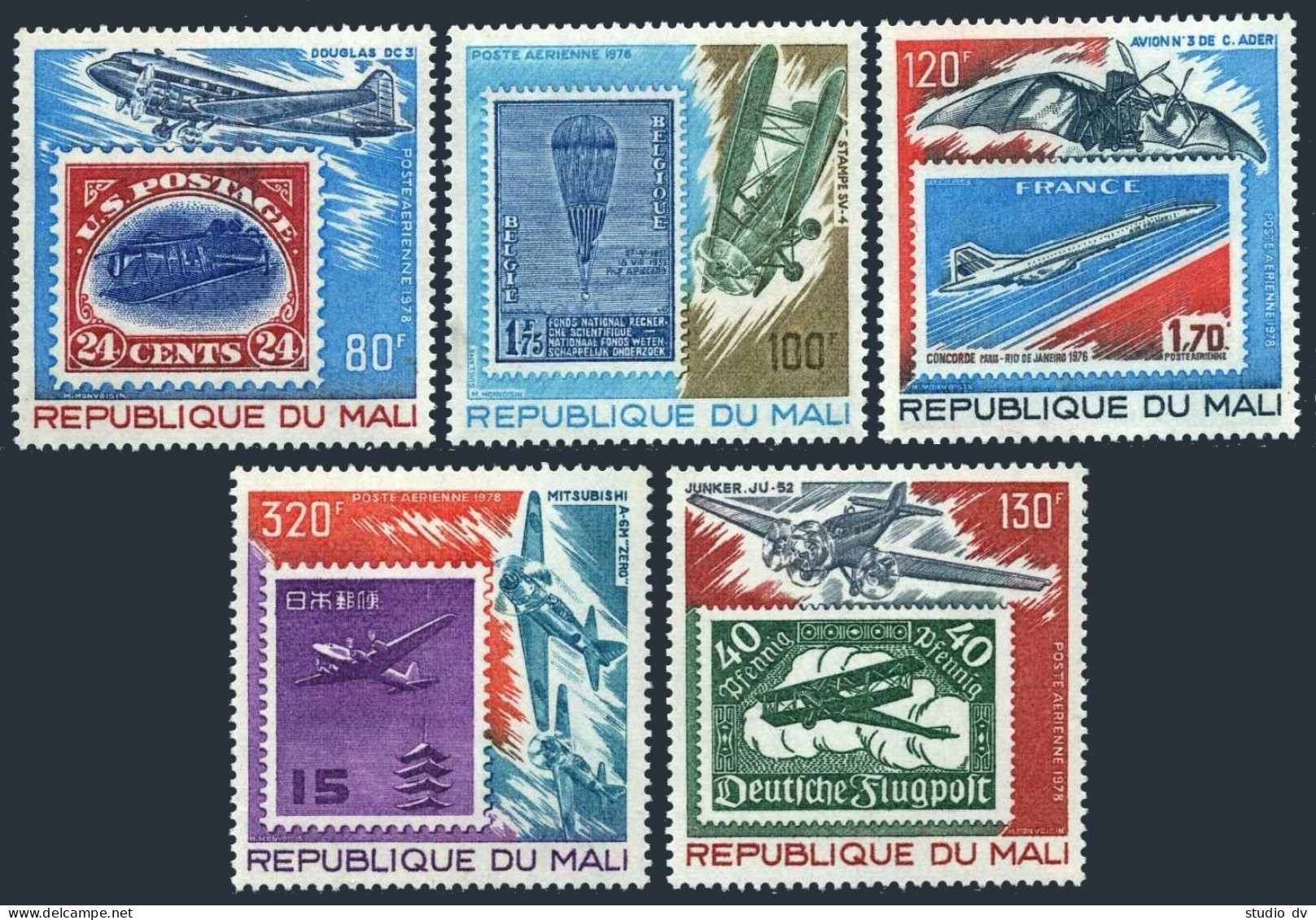 Mali C343-C347, MNH. Michel 666-670. History Of Aviation, 1978. Stamp On Stamp. - Mali (1959-...)