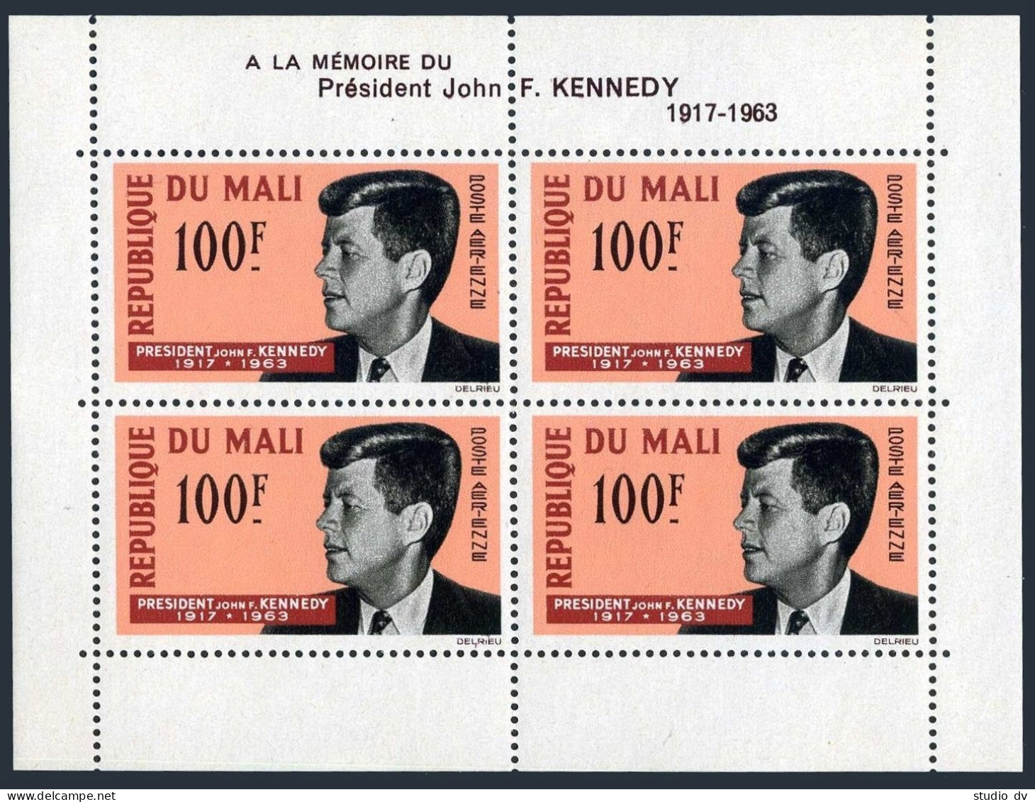 Mali C24,C24a Sheet, MNH. Michel 91, Bl.3. President John F. Kennedy. 1964. - Mali (1959-...)