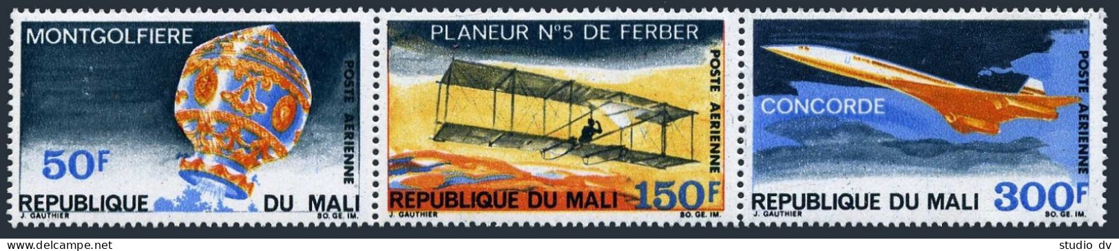 Mali C68-C70a Strip,MNH.Michel 182-184. Montgolfier Balloon,Concorde.1969. - Mali (1959-...)