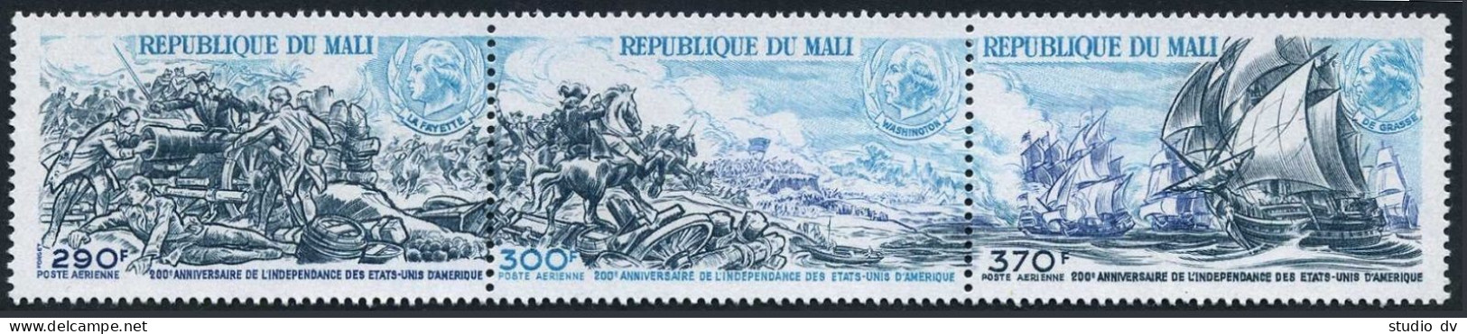 Mali C254-C256a Strip, MNH. Michel 499-501. USA-200, 1976. Battle Scenes. - Mali (1959-...)