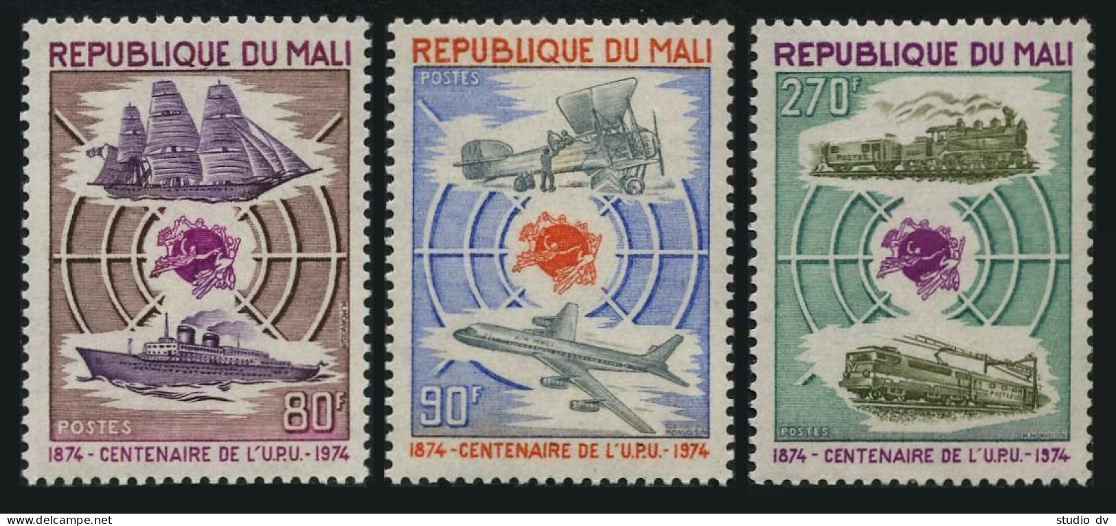 Mali 216-218, MNH. Mi 437-439. UPU-100. Old & New Mail. Ships, Planes, Trains. - Mali (1959-...)