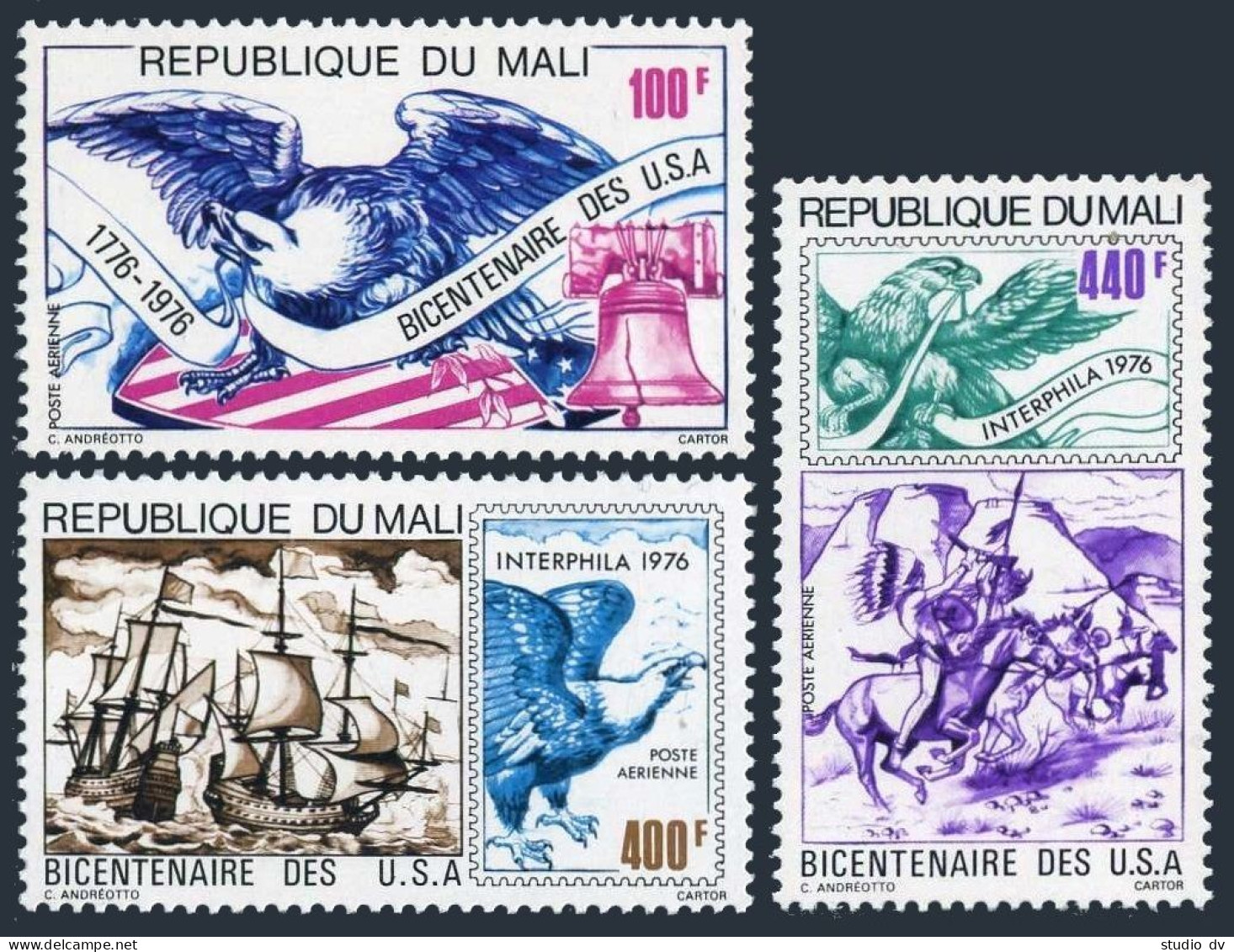 Mali C277-C279, MNH. Mi 532-534. American Bicentennial, 1976, Eagle, Bell, Flag. - Mali (1959-...)