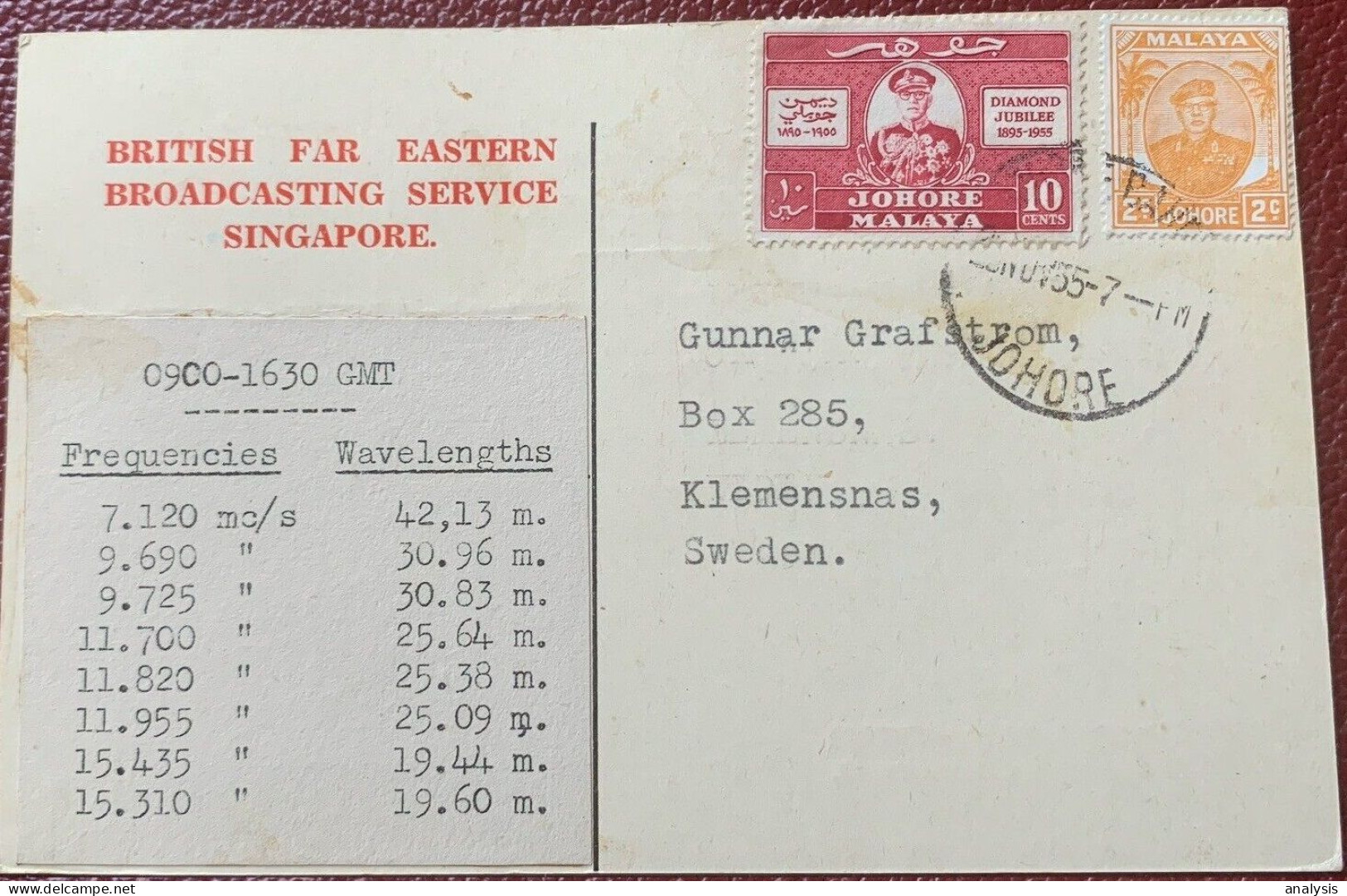 Singapore British Far Eastern Broadcasting Service Postcard Mailed From Malaya Johore 1955 - Singapore (...-1959)