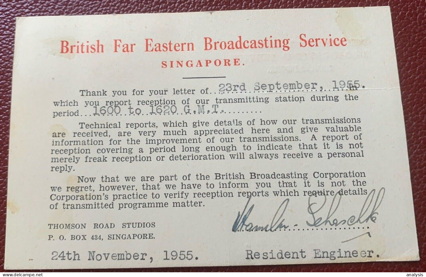 Singapore British Far Eastern Broadcasting Service Postcard Mailed From Malaya Johore 1955 - Singapour (...-1959)