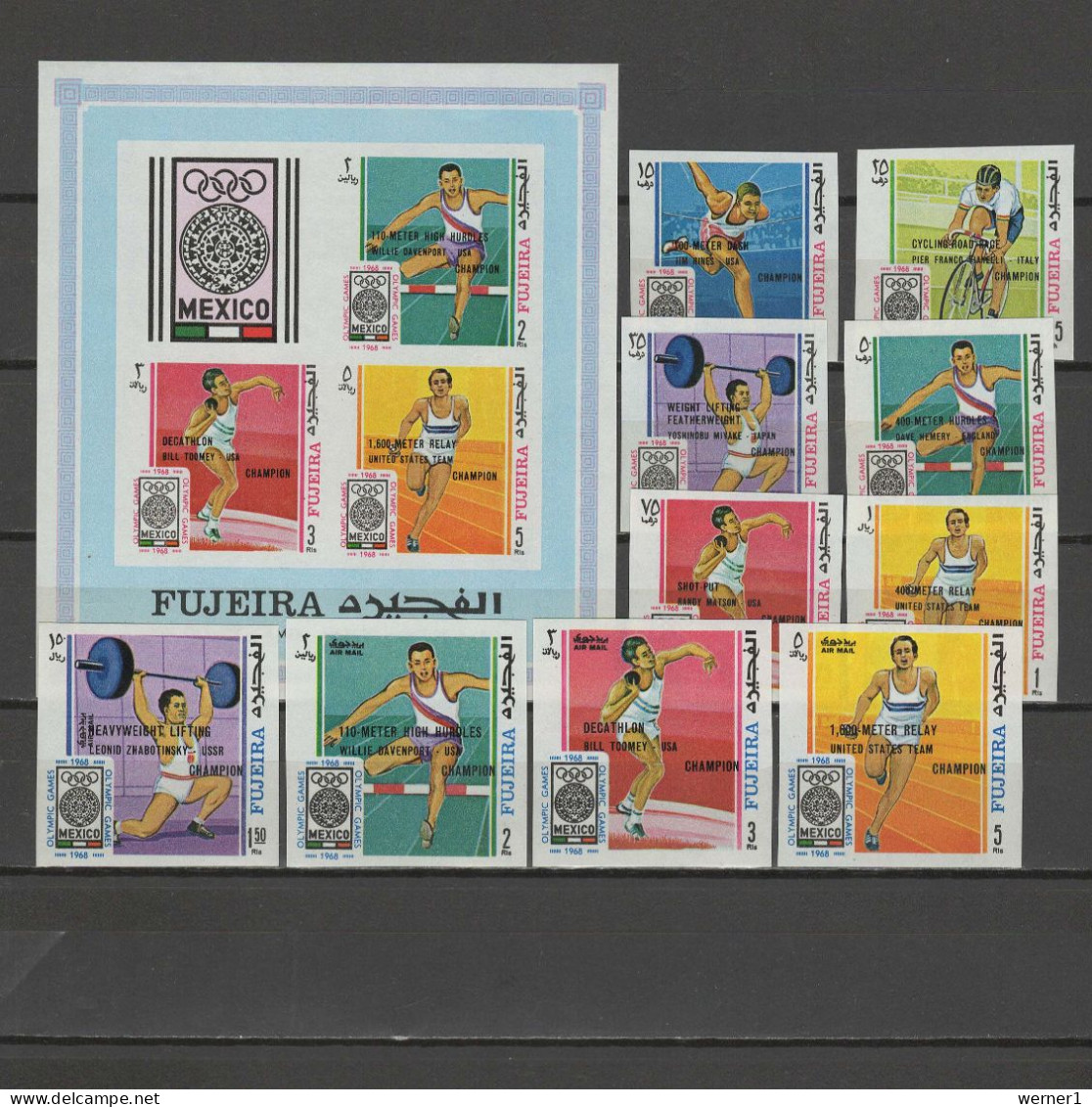 Fujeira 1968 Olympic Games Mexico, Athletics, Cycling, Weightlifting Etc. Set Of 10 + S/s With Winners O/p Imperf. MNH - Ete 1968: Mexico