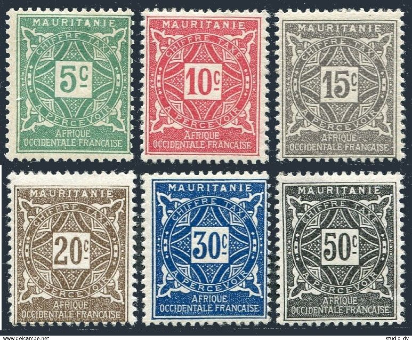 Mauritania J9-J14, Hinged. Michel D9-D14. Due Stamps 1914. Ornament. - Mauritania (1960-...)