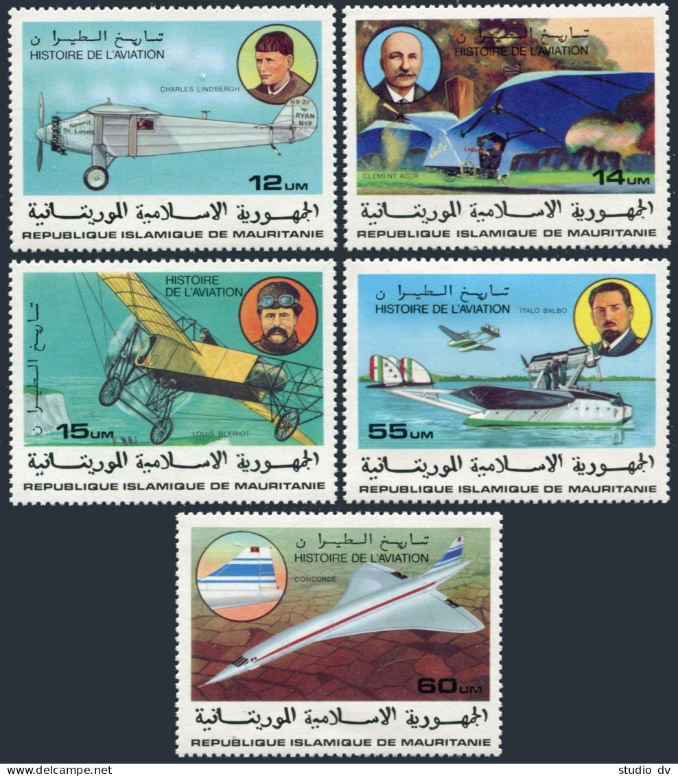 Mauritania 367-371,372,MNH. History Of Aviation,1977.Charles Lindbergh,Concorde, - Mauretanien (1960-...)