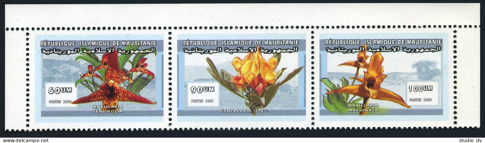 Mauritania 750 Ac Strip,MNH. Flowers 2000.Maxillaria,Crotalaria. - Mauretanien (1960-...)
